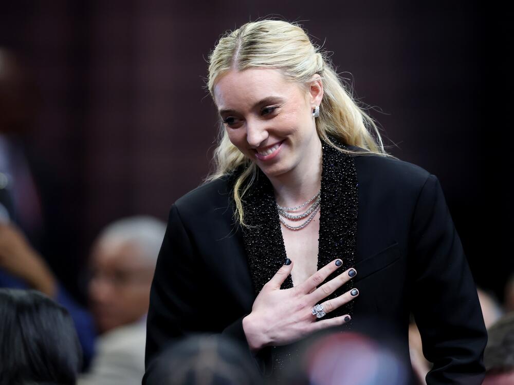 APRIL 14: Paige Bueckers reacts to being selected with the first overall pick by the Dallas Wings the 2025 WNBA Draft at The Shed on April 14, 2025 in New York City.