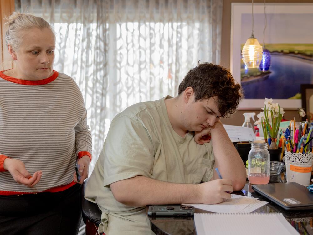 Logan works on his geometry homework before a home-based tutoring session.