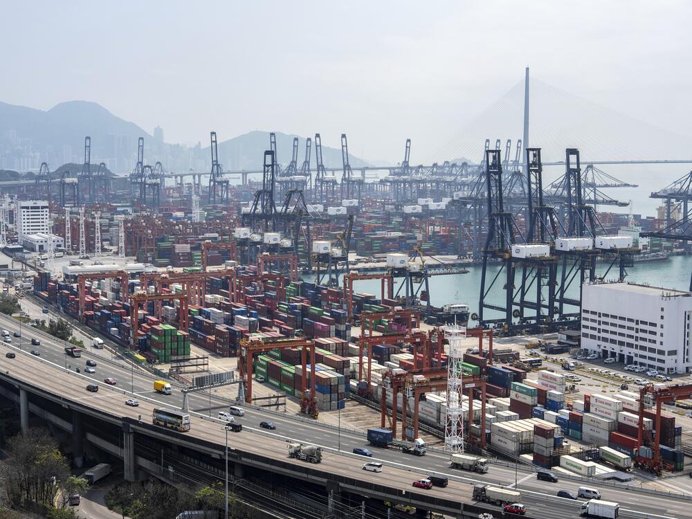 Containers pile up at Kwai Chung Container terminal in Hong Kong.