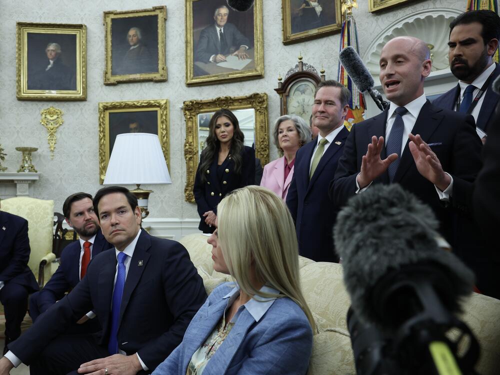 White House Deputy Chief of Staff Stephen Miller speaks as Vice President JD Vance, Secretary of State Marco Rubio and Pam Bondi, U.S. Attorney General, sit nearby as President Trump meets with President Nayib Bukele of El Salvador in the Oval Office on April 14.