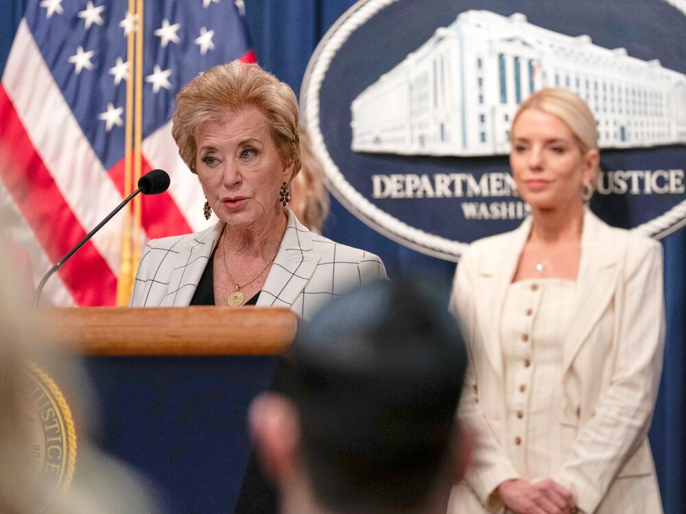 U.S. Education Secretary Linda McMahon, left, speaks alongside U.S. Attorney General Pam Bondi at the Department of Justice headquarters in Washington, D.C., on Wednesday. McMahon has praised New Hampshire for publicly tracking which of its districts sign the administration's DEI directive.
