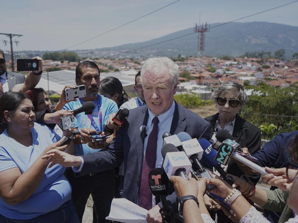 Maryland Sen. Chris Van Hollen speaks to the press in La Libertad, El Salvador, during his trip to lobby for the release of deported Maryland resident Kilmar Abrego Garcia.