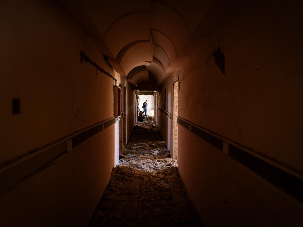 Inside the century-old Zenobia hotel overlooking the ancient city. The damaged hotel has fallen into disrepair, but has a storied history.