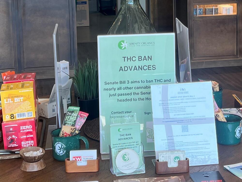 At a store selling hemp products outside of Houston, Texas, a sign notifies customers that the state Legislature might be passing a ban on most consumables containing THC.