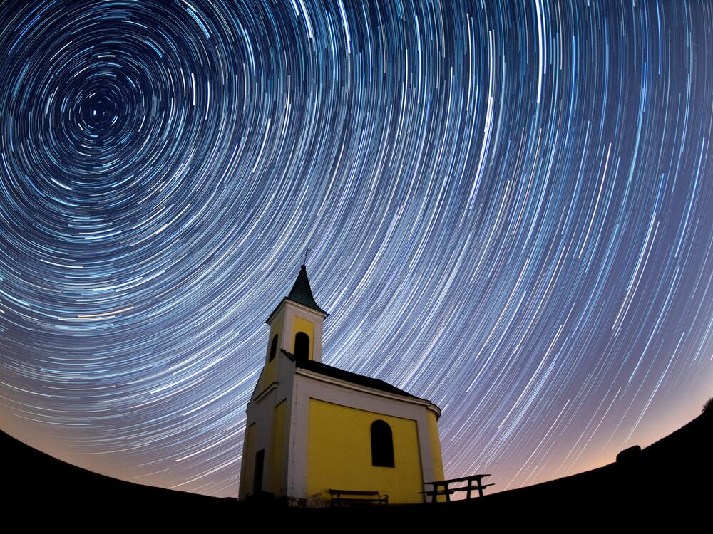 (EDITORS NOTE: Multiple exposures were combined to produce this image.) Startrails are seen during the Lyrid meteor shower over Michaelskapelle on April 21, 2020 in Niederhollabrunn, Austria.