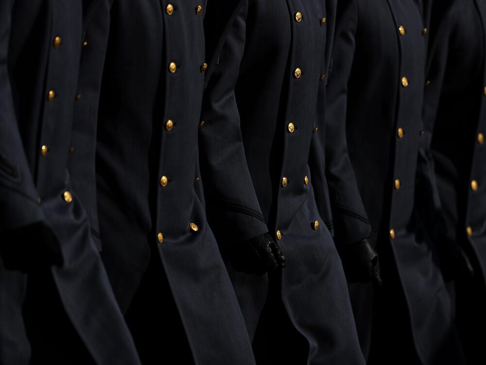 Army Corp of Cadets march on the field before the Army/Navy game on Dec. 14, 2024 in Landover, Md.