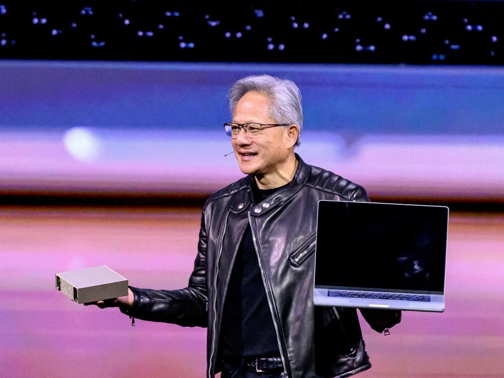 Nvidia CEO Jensen Huang introduces new products during a keynote session at the SAP Center in San Jose, Calif. on March 18, 2025.