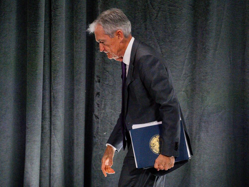 Federal Reserve Chair Jerome Powell departs after speaking at an Economic Club of Chicago event on Wednesday in Chicago.