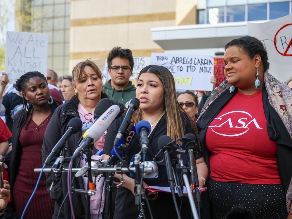 Jennifer Vasquez Sura, the wife of Kilmar Abrego Garcia, who was mistakenly deported to El Salvador, speaks to the media before she enters federal court on April 15, 2025 in Greenbelt, Md.