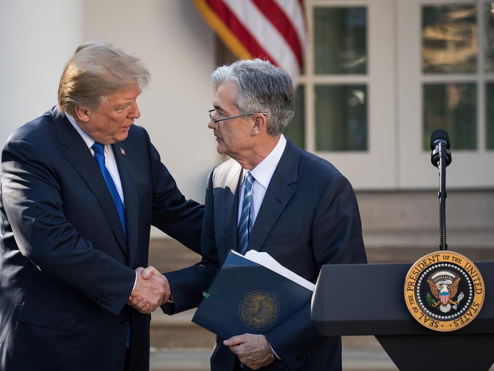 Trump shakes hands with his then nominee for Fed Chair Jerome Powell at a press event in the Rose Garden at the White House on Nov. 2, 2017 in Washington, D.C. Despite appointing Powell in his first term, the two men have had a contentious relationship.
