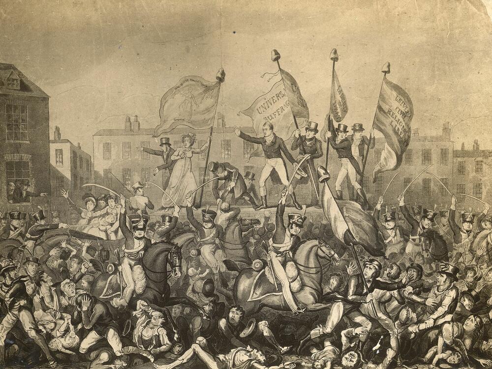 British forces charge crowds during bread riots in Manchester, England, in 1819. The event became known as the Peterloo Massacre, when troops were ordered to disperse the crowds.