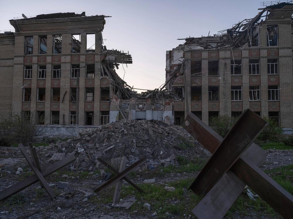 In this photo provided by Ukraine's 93rd Kholodnyi Yar Separate Mechanized Brigade press service, a ruined city center in Kostyantynivka, the site of heavy battles with Russian troops, in the Donetsk region, Ukraine, Saturday, April 19, 2025.