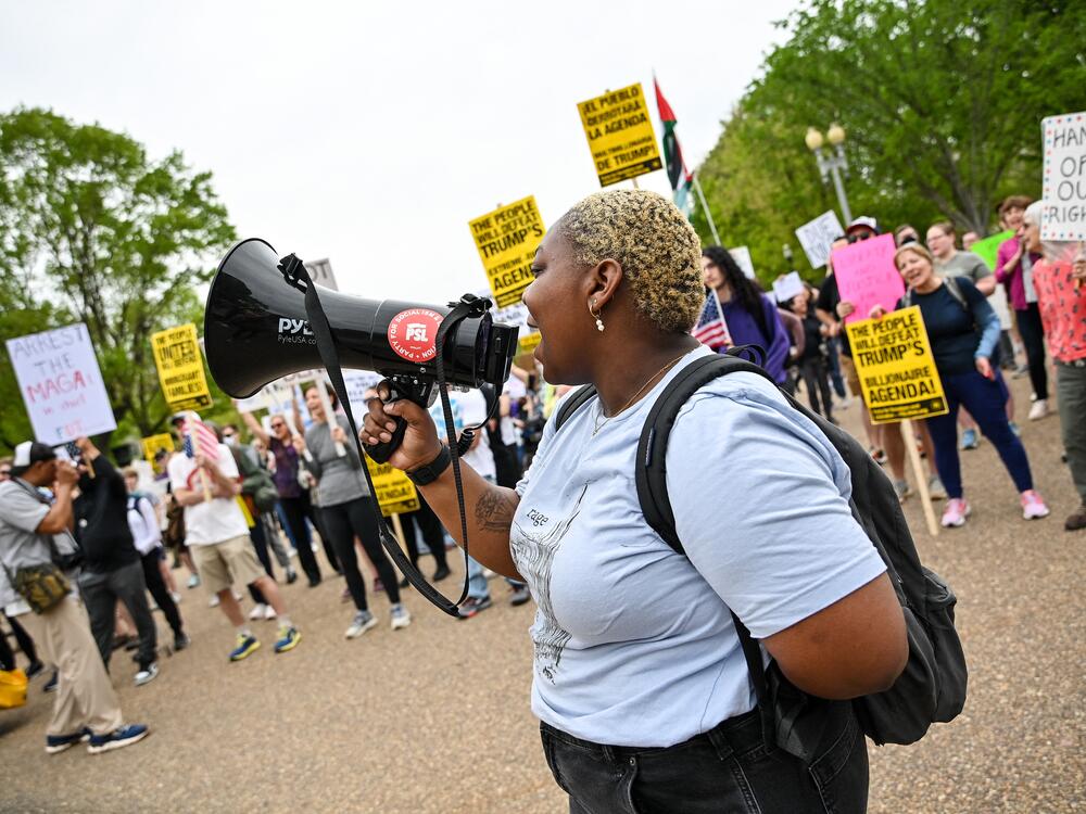 Demonstrators rally near the White House during nationwide protests against the Trump administration.