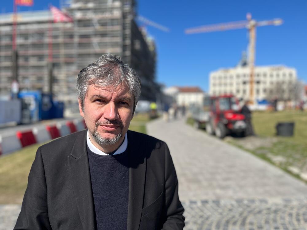 Opposition politician Akos Hadhazy gives a tour of the buildings surrounding Budapest's Buda Castle to highlight what he calls the corruption in Prime Minister Viktor Orban's government.