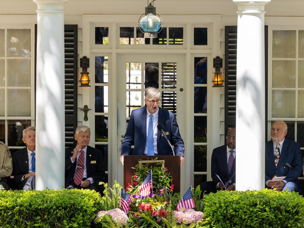 Haven Roosevelt Luke, great-grandson of Franklin Roosevelt, speaks at The Little White House on the 80th anniversary of FDR's death.