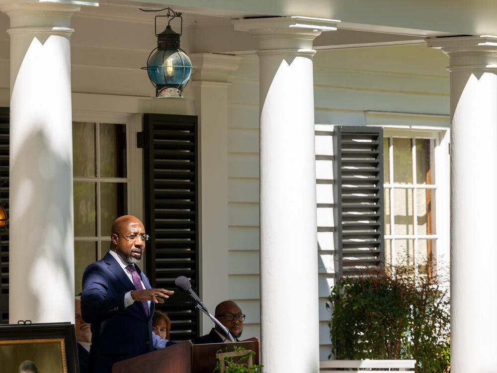 Georgia Senator Raphael Warnock speaks at The Little White House on the 80th anniversary of FDR's death.