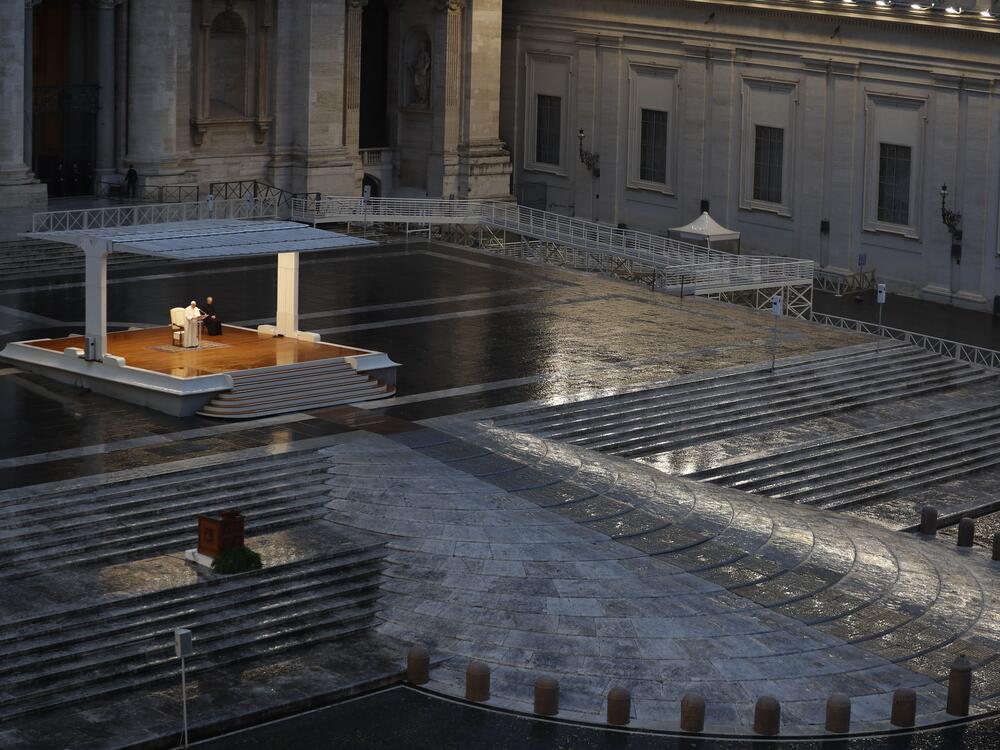 Pope Francis delivers an Urbi et Orbi prayer from the empty St. Peter's Square due to the COVID-19 pandemic at the Vatican on March 27, 2020.