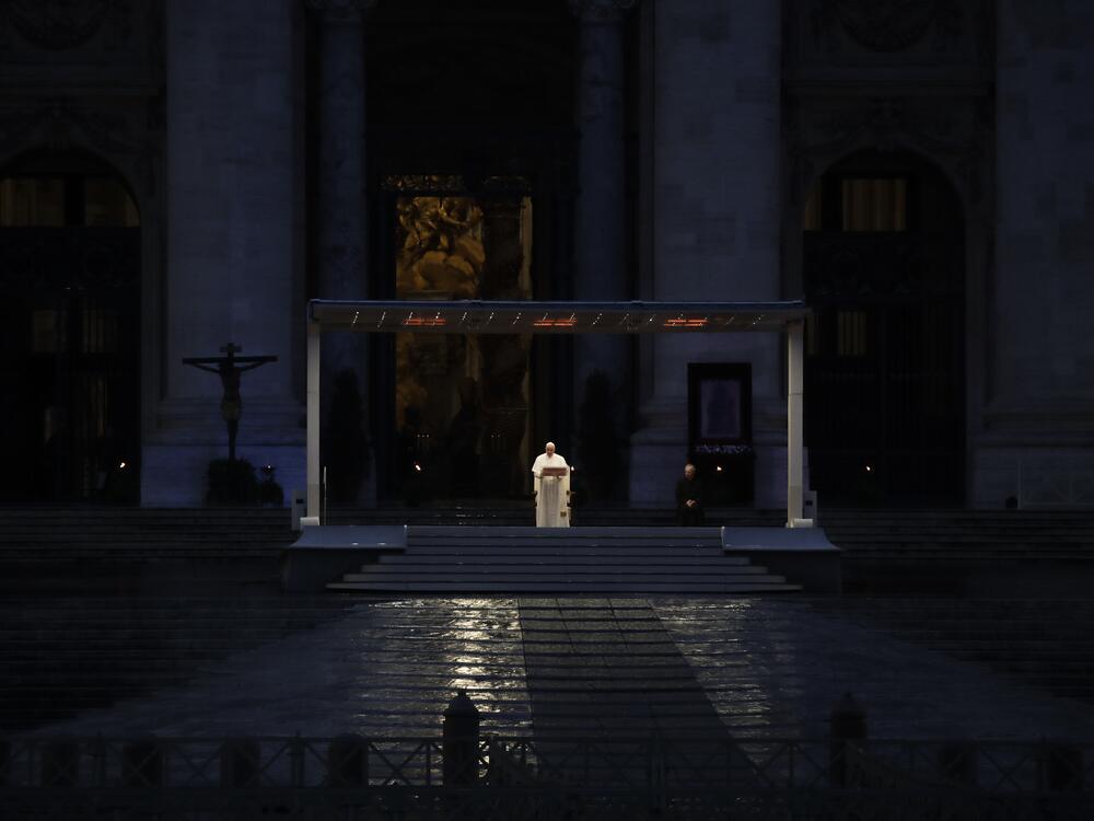Pope Francis delivers the Urbi and Orbi prayer in an empty St. Peter's Square during Covid lockdown in March 2020.