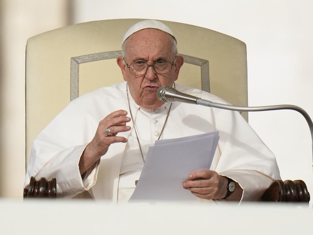 Pope Francis speaks during his weekly general audience in St. Peter's Square at The Vatican, on Oct. 18, 2023.