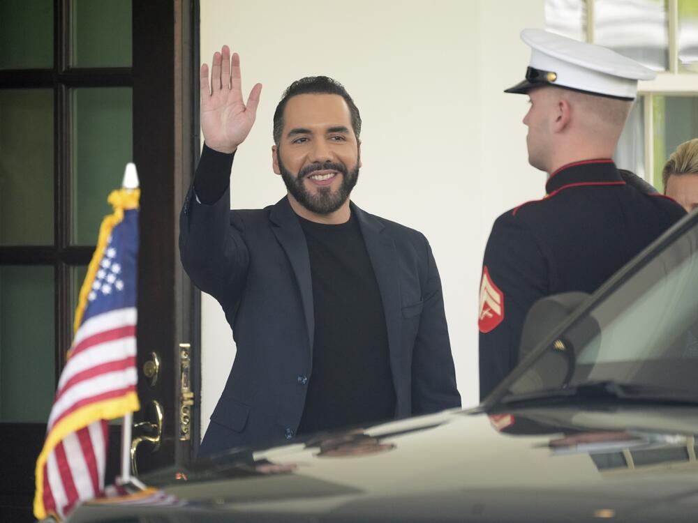 El Salvador's President Nayib Bukele waves as he departs following a meeting at the White House with President Donald Trump, Monday, April 14, 2025, in Washington.