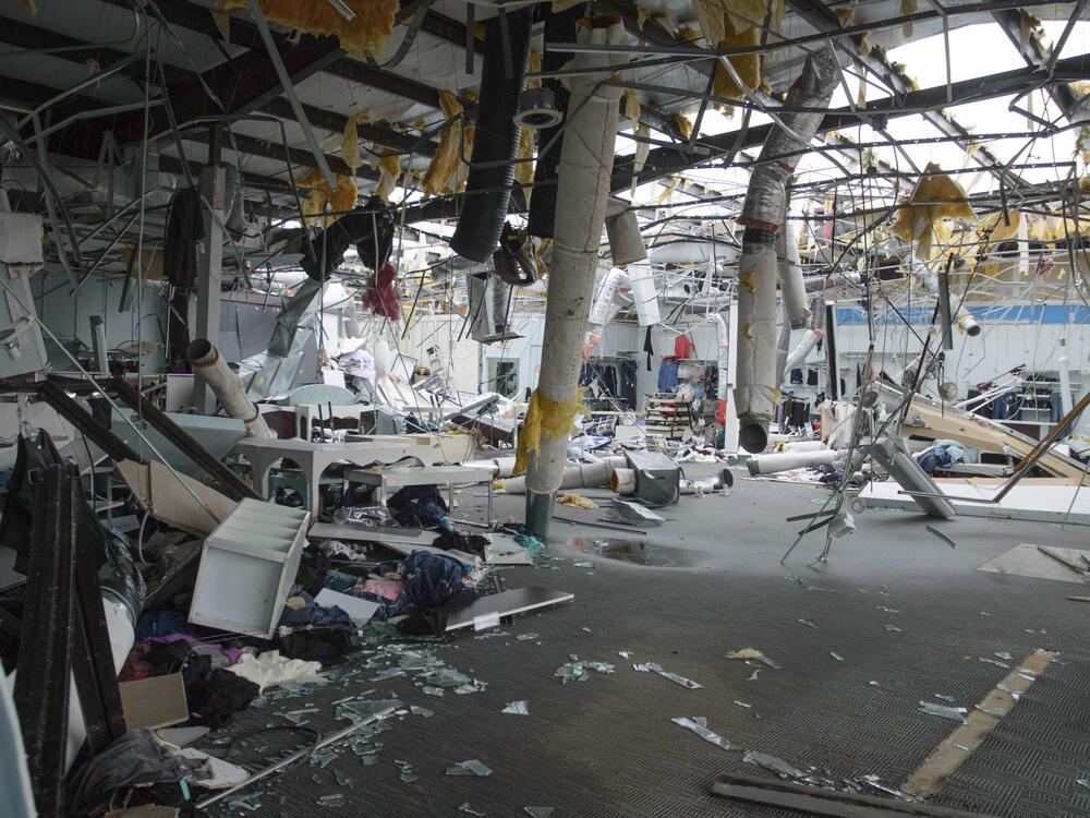 Damage to Maurices clothing is shown in Ada, Okla., after severe weather passed the area on Sunday.