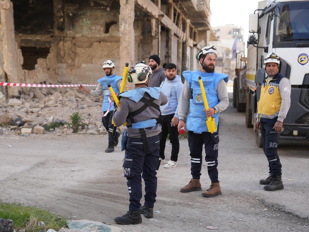 The White Helmets search for unexploded ordnance in Homs, Syria, on Jan. 29.