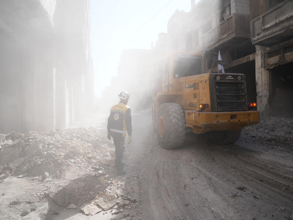The White Helmets search for unexploded ordnance in Homs, Syria, on Jan. 29.