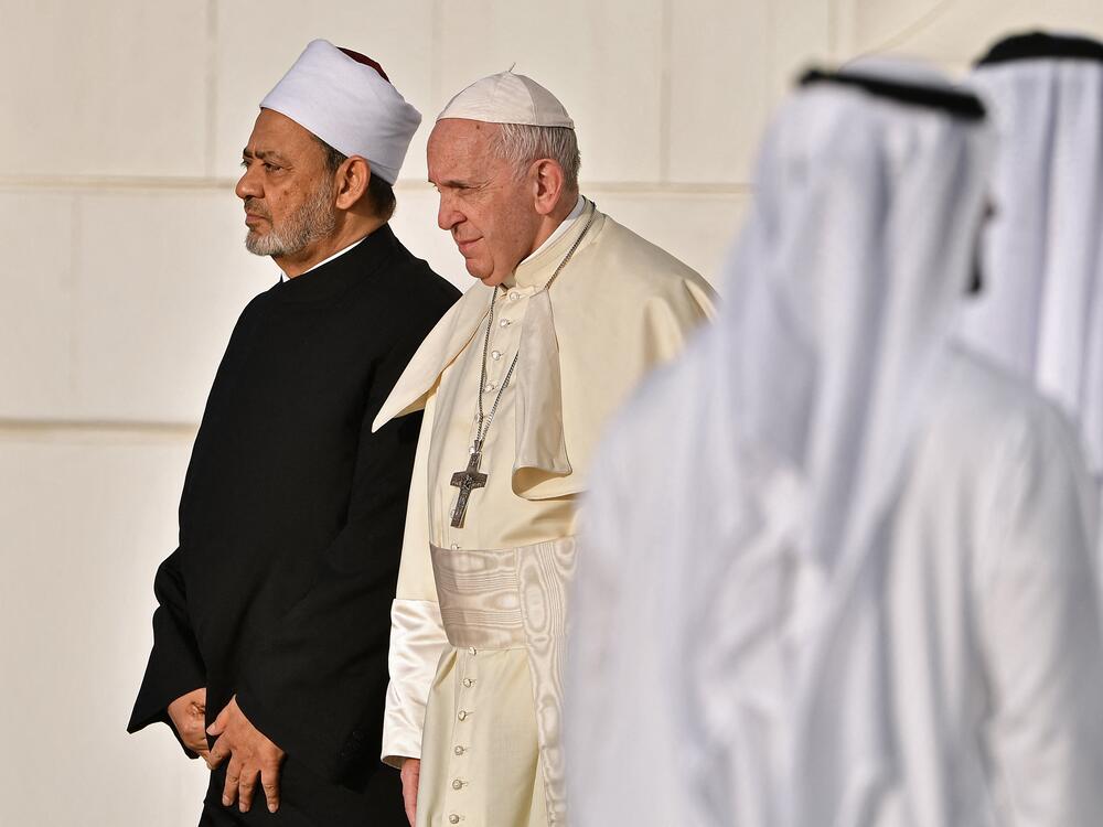 Pope Francis poses for a picture with Egypt's Azhar Grand Imam, Sheikh Ahmed al-Tayeb, as they arrive at Sheikh Zayed Grand Mosque in Abu Dhabi on Feb. 4, 2019.