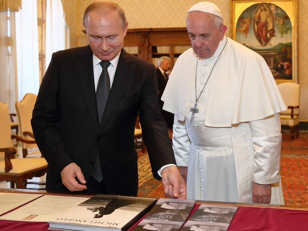 Pope Francis meets with Russian President Vladimir Putin at Vatican City in July 2019.