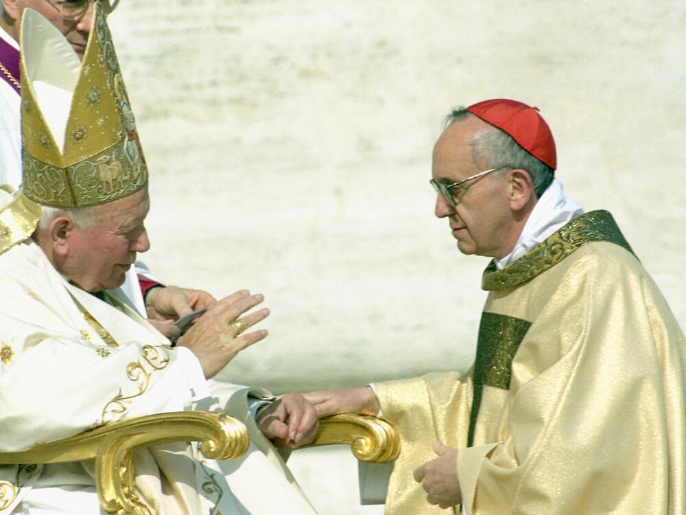 Pope John Paul II names Jorge Mario Bergoglio a cardinal during a consistory in St. Peter's Square on Feb. 21, 2001.