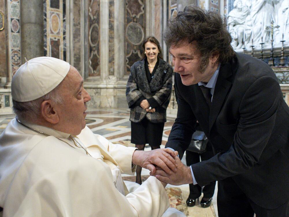 Pope Francis meets with newly elected Argentinian President Javier Milei before a Canonization Ceremony in St. Peter's Basilica on Feb. 11, 2024 in Vatican City, Vatican.