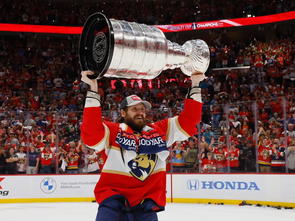 Oliver Ekman-Larsson of the Florida Panthers celebrates with the Stanley Cup following their victory over the Edmonton Oilers in Game Seven of the 2024 NHL Stanley Cup Final on June 24, 2024. The 2025 playoffs begin Saturday with hopes of an equally thrilling ending.