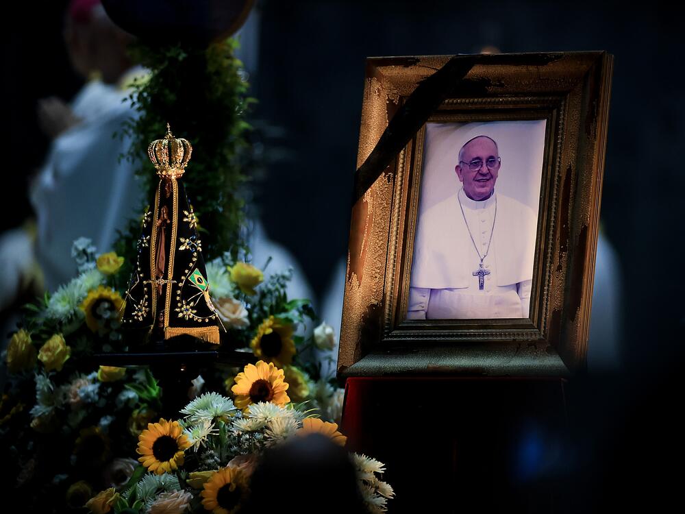 A portrait of the late Pope Francis is displayed during a mass in his honor at the Rio de Janeiro Metropolitan Cathedral Monday in Rio de Janeiro, Brazil.