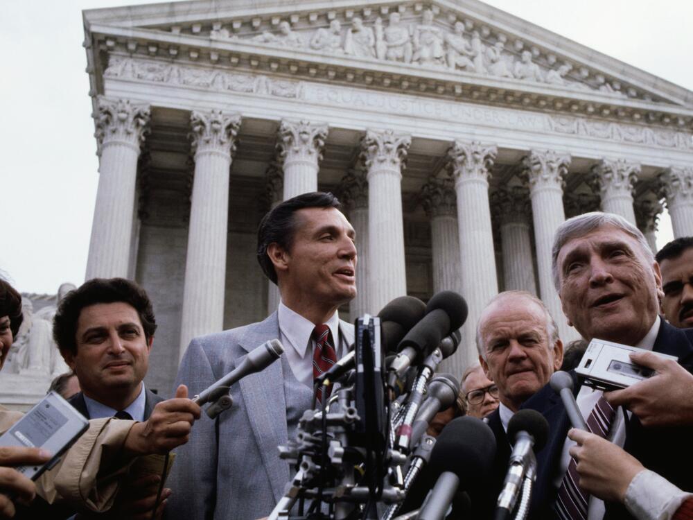 Bob Jones III, the president of Bob Jones University, speaks outside the U.S. Supreme Court in 1982. The IRS rescinded the university's tax-exempt status in the 1976.