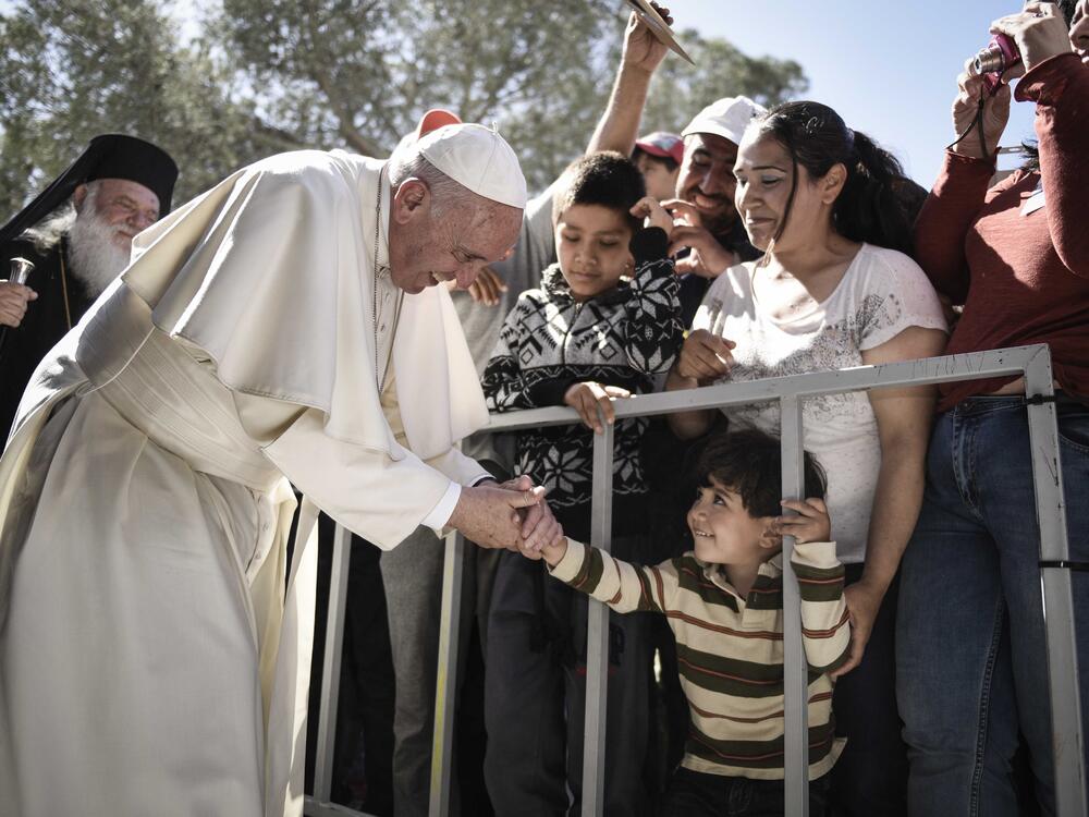 Pope Francis meets migrants at the Moria detention center on April 16, 2016, in Mytilene, Greece.