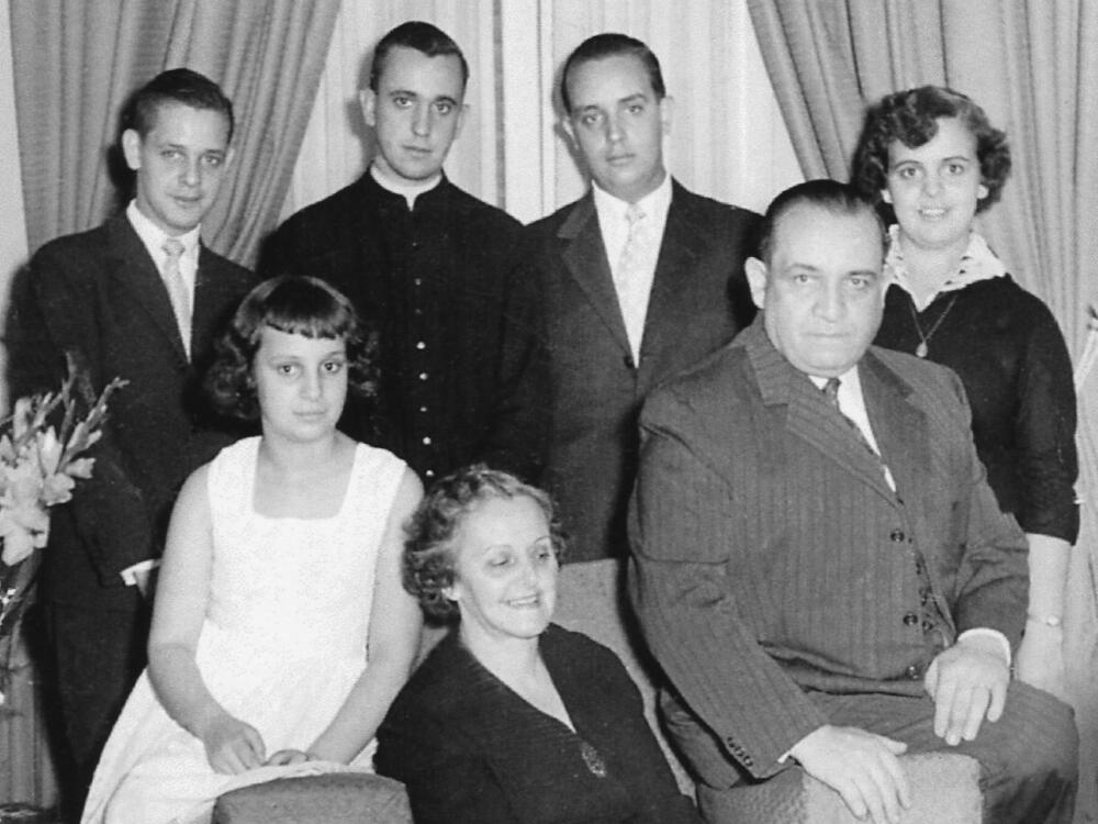 Jorge Bergoglio with his family in an undated image. From left to right, standing, brother Alberto Horacio, Jorge Mario Bergoglio, Oscar Adrian and sister Marta Regina, sitting, sister Maria Elena, mother regina and father Mario Jose Francisco.