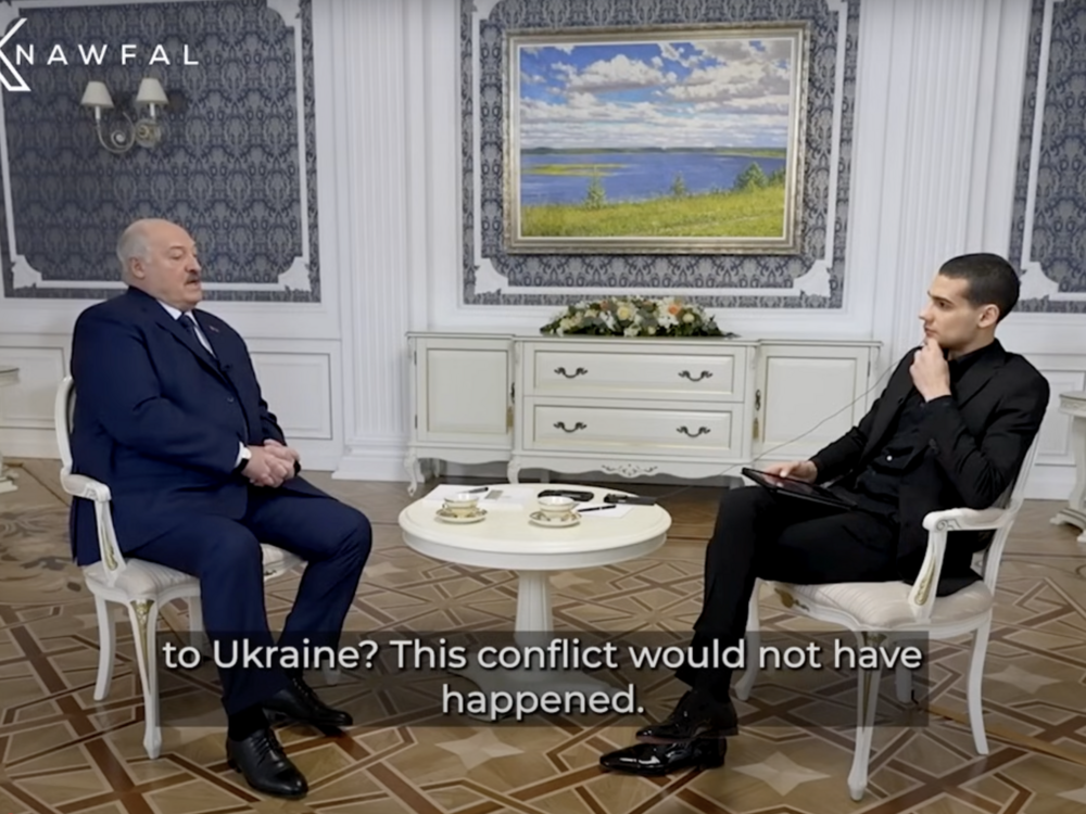 Influencer Mario Nawfal, right, interviewing Belarusian president Aleksandr Lukashenko earlier this year. Lukashenko repeated Russian talking points in the interview about Russia's invasion of Ukraine.
