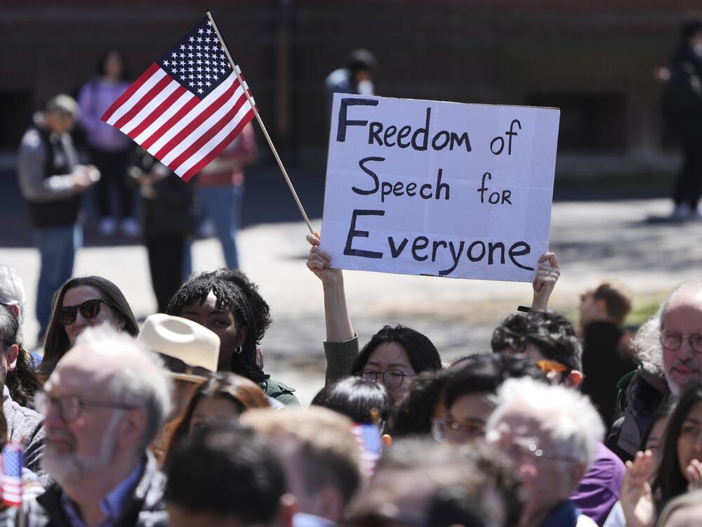 Students, faculty and members of the Harvard University community rally, Thursday, April 17, 2025, in Cambridge, Mass.