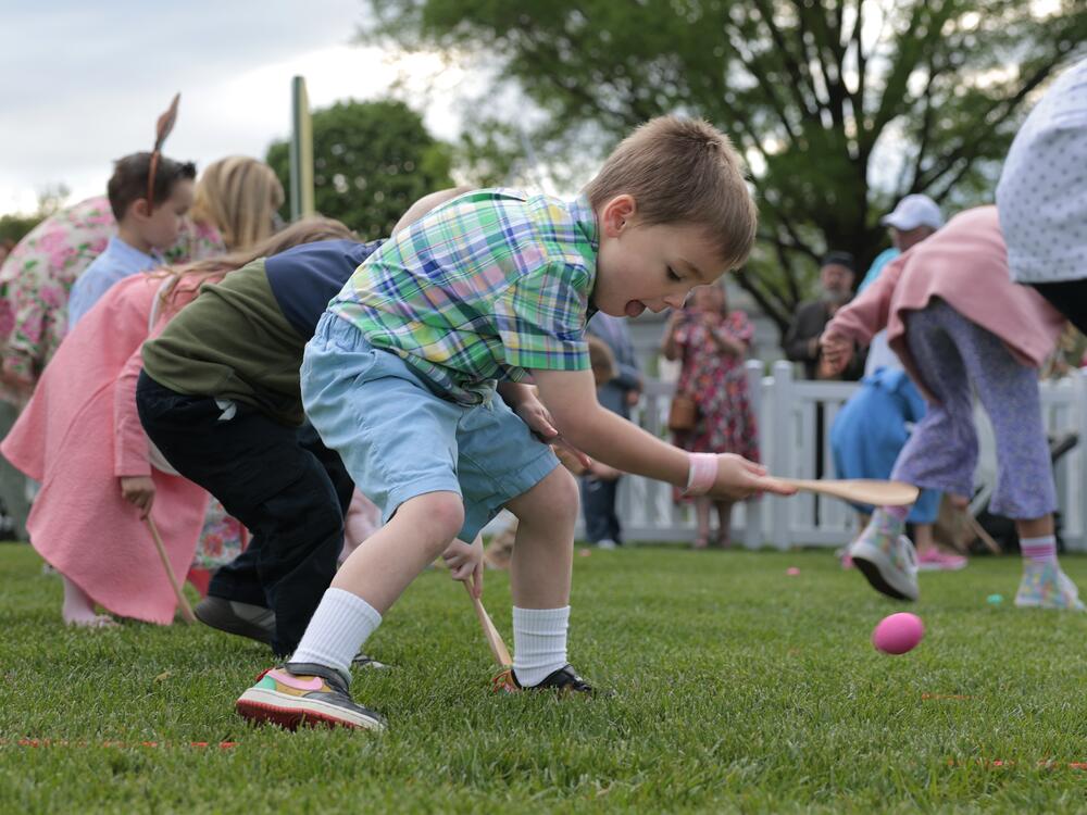Children participate in the White House Egg Roll on the South Lawn on Monday in Washington, D.C.