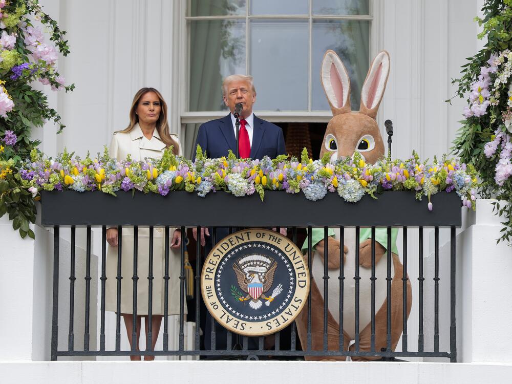 President Trump, joined by first lady Melania Trump and the Easter Bunny, delivers remarks during the White House Egg Roll on the South Lawn.
