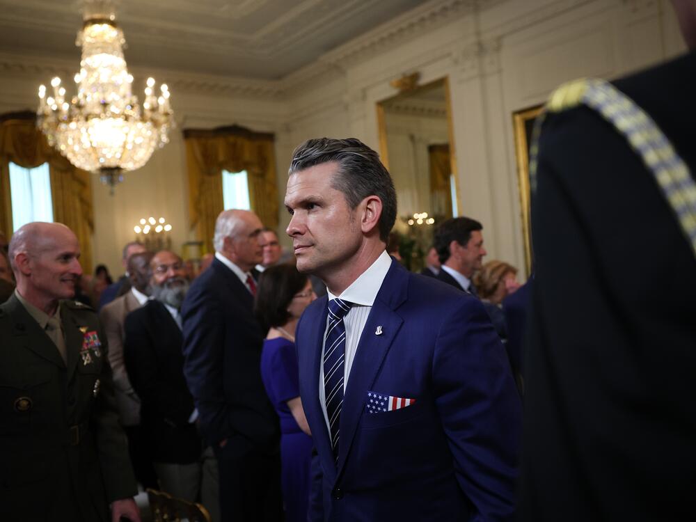 Secretary of Defense Pete Hegseth departs a presentation ceremony for the Commander-in-Chief Trophy to the U.S. Naval Academy Midshipmen football team in the East Room of the White House on April 15.