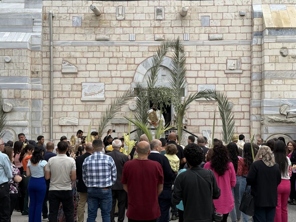 The Greek Orthodox Church of Saint Porphyrius in Gaza City celebrates Palm Sunday on April 13.