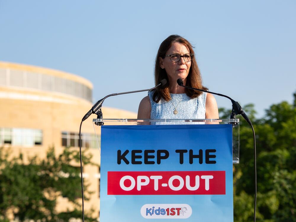 Grace Morrison speaks at a rally outside the Maryland District Court in Greenbelt, Md., on Aug. 9. 2023.