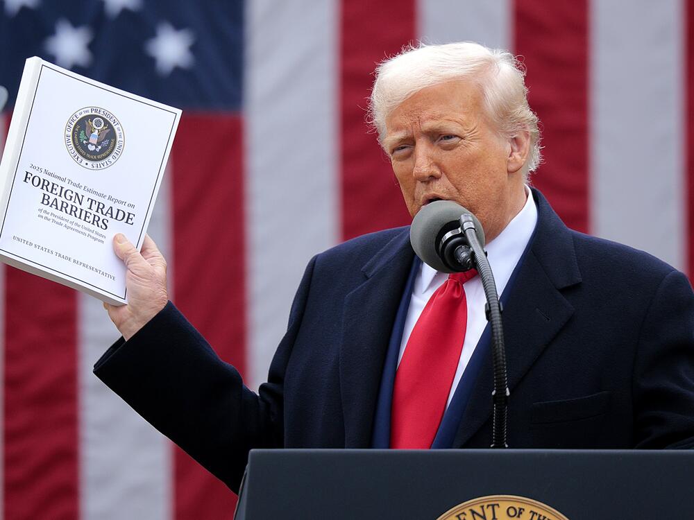 President Trump announced his latest tariffs at a Rose Garden event at the White House in Washington, D.C., on April 2. The International Monetary Fund cut its forecasts for the global economy this year, citing the risks from an all-out trade war.