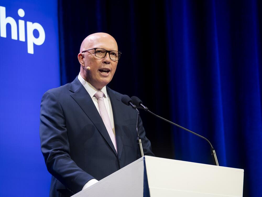 Opposition leader Peter Dutton speaks on April 11 in Perth, Australia. The Australian federal election is scheduled to be held on May 3. Dutton's conservative Coalition is on the back foot after leading earlier this year.