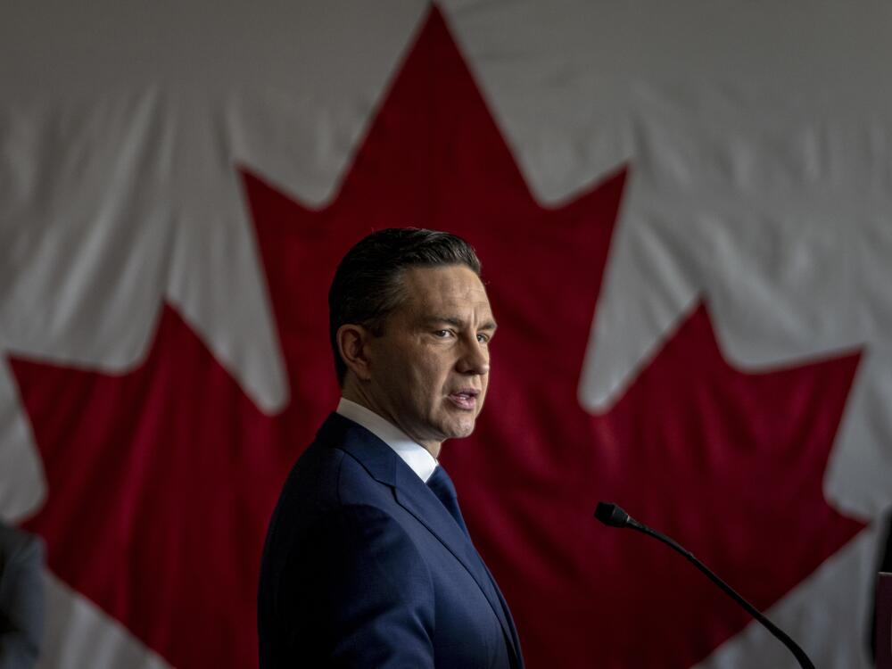 Canada's Conservative Party leader Pierre Poilievre speaks during a campaign event on April 14 in Montreal. A Trump backlash is a major cause of the Conservatives' stalled momentum and a resurgence for the Liberals, observers say.