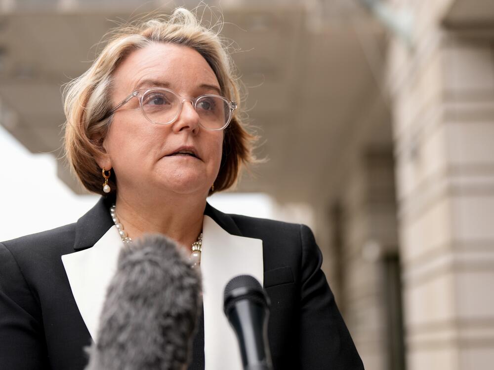 Abigail Slater, US assistant attorney general for the Antitrust Division, speaks to members of the media outside federal court in Washington, DC, US, on Monday, April 21, 2025. Google will square off against the Justice Department and dozens of state attorneys general in a Washington court room over what changes the judge will order to prevent the company from monopolizing the online search market.
