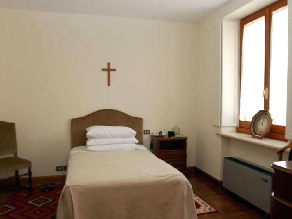 A room is shown inside the Santa Marta residence in Vatican City on April 11, 2005. Cardinal electors stay at this guesthouse during the papal conclave.
