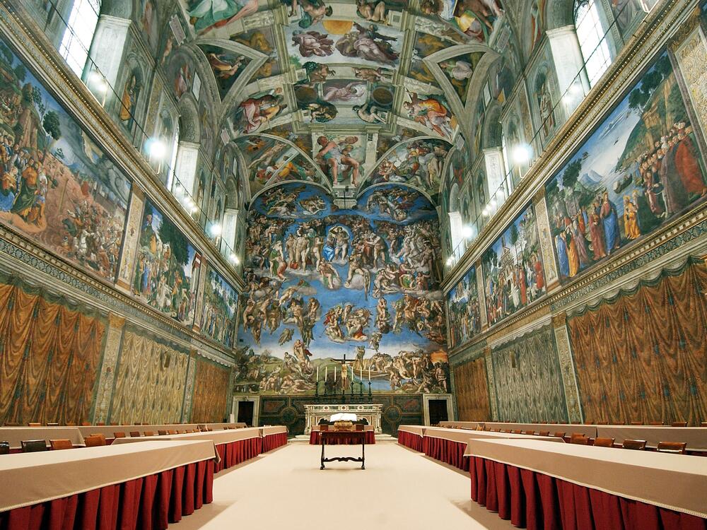 The Sistine Chapel in Vatican City is seen here on April 16, 2005 with tables and chairs set up inside ahead of the papal conclave.