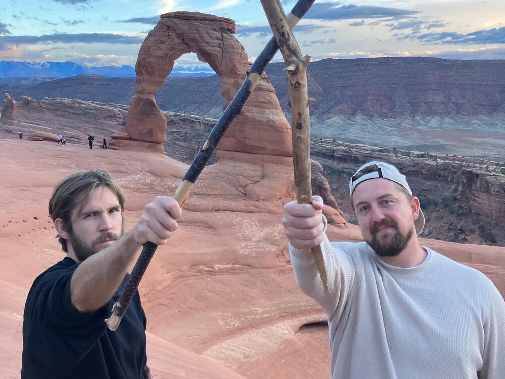 Boone Hogg (left) and Logan Jugler, who run the account @officialstickreviews, show off their sticks.
